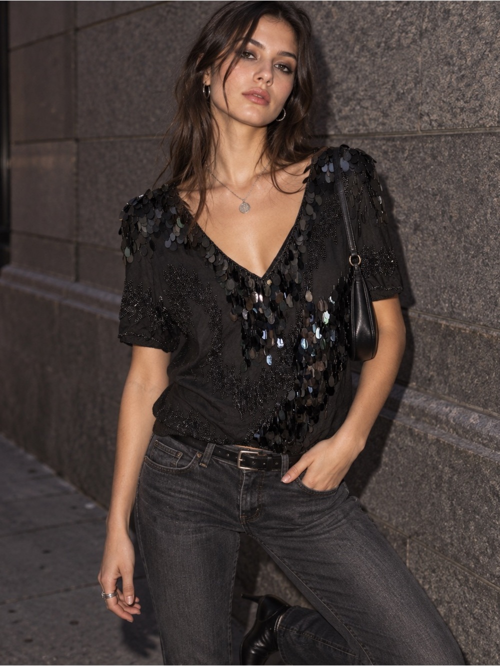Vintage Oleg Cassini 100% Silk Sequin Beaded Blouse Y2K Black Small